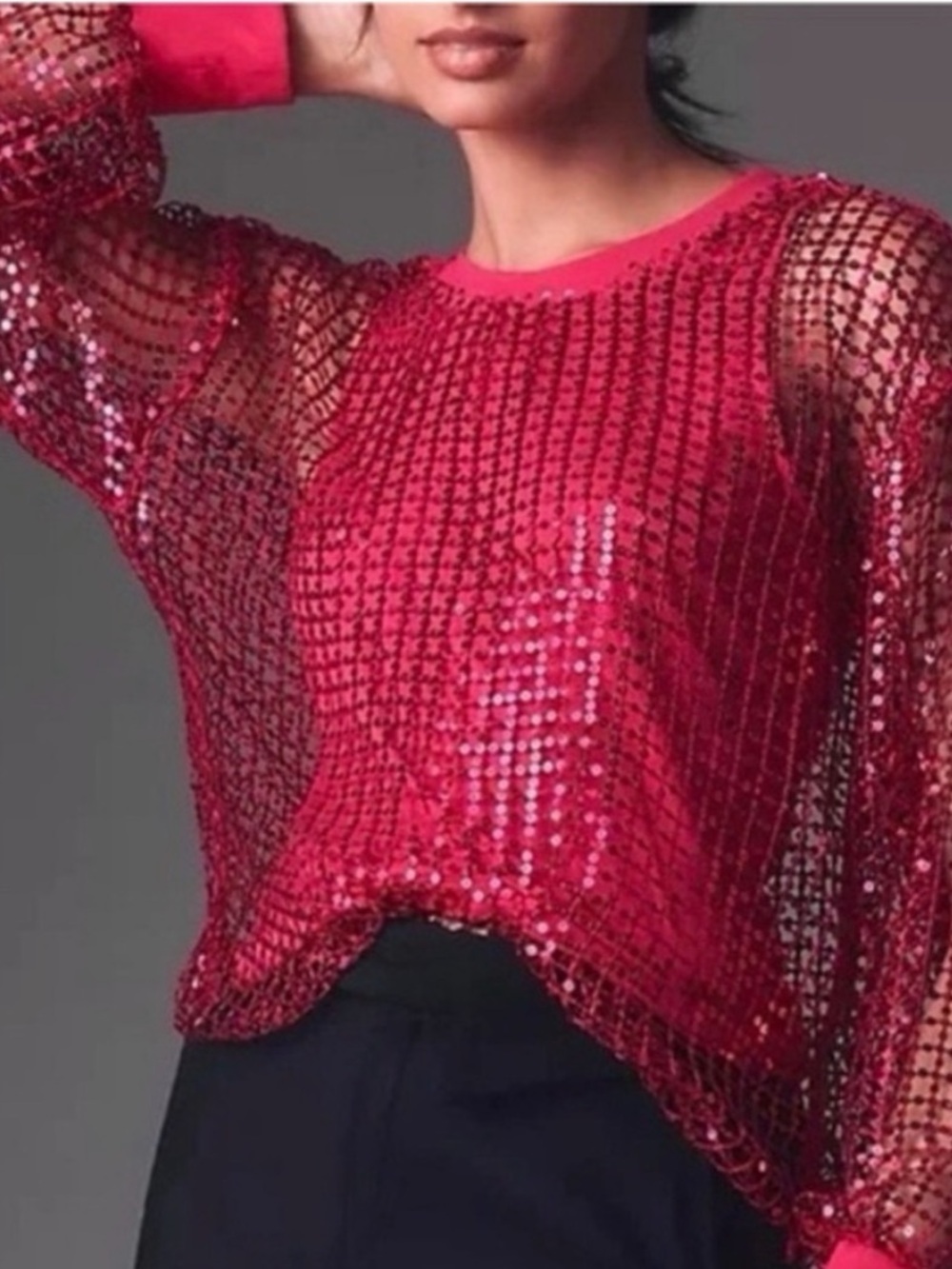 Anthropologie Pilcro Hot Pink Sequin Mesh Long-Sleeve Pullover NWT! SZ XS